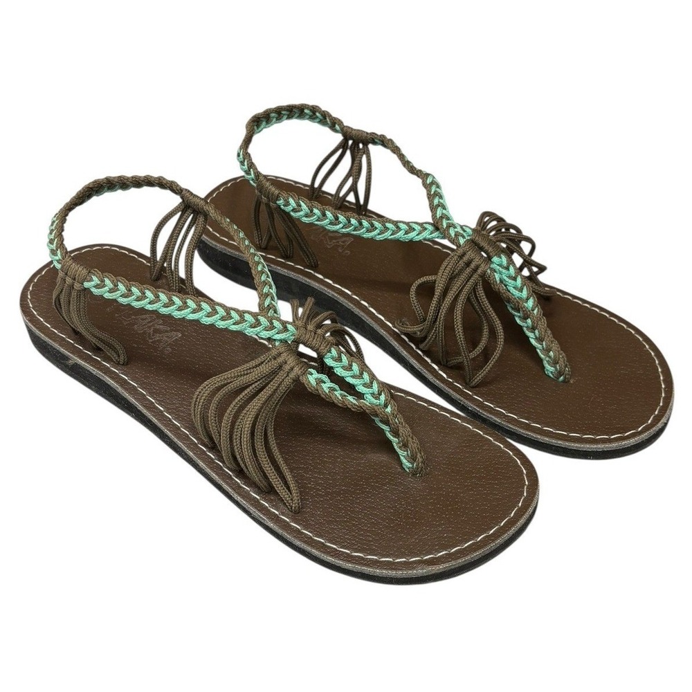 Plaka Oceanside Braided Rope Sandals‎ Brown Teal Boho Summer Thong Flats 8